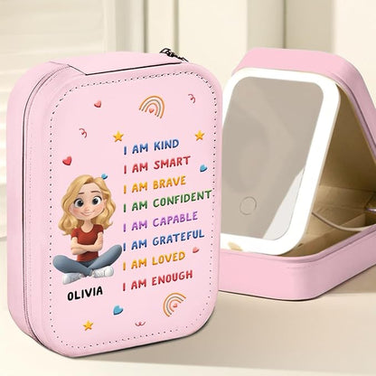 Wrappiness Girls & Women Lovely Makeup Box With LED Mirror - Personalized Jewelry Box Organizer Portable Ideal for Travel, Gift for Daughters Sisters Friends (Kind Smart Loved, Women)