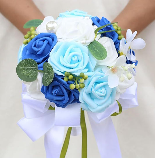 Lightweight Bridal Wedding Bouquet Round Holding Bouquet Throw Toss Artificial Rose Flower Bunch for Bride Bridesmaid Wedding Quinceanera (White, Royal Blue & Light Blue, 9.1")