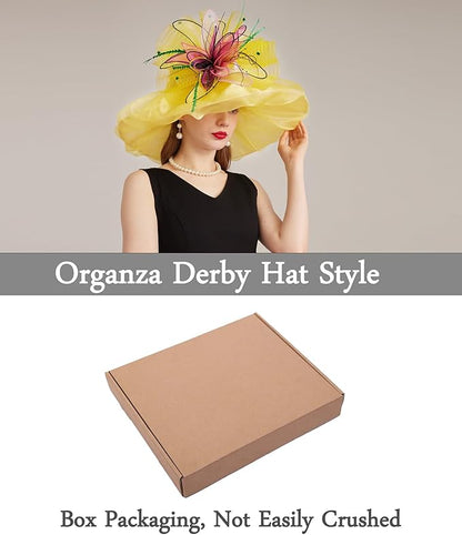 Organza Derby Hats for Women Wide Brim Fascinator Hat Rose Flower Wedding Tea Party Hat