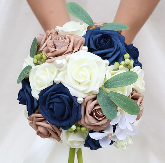 Lightweight Bridal Wedding Bouquet Round Holding Bouquet Throw Toss Artificial Rose Flower Bunch for Bride Bridesmaid Wedding Quinceanera (Cream, Navy & Rosy Brown, 9.1")