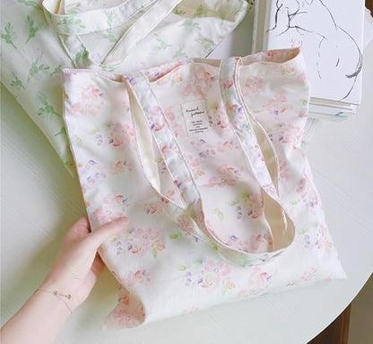Cotton Canvas Tote Bag Reusable Soft Grocery Cloth Bag Floral Shoulder Bag for Beach Travel Shopping