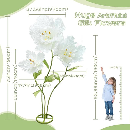 3 Pack Large Giant Artificial Flowers, 3D Realistic Huge Fake Flower Decorations for Wedding Birthday Party, Adjustable Height No Fade Big Faux Floral for Garden Hotel Office Backdrop (White)