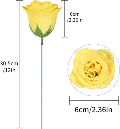 30PCS Yellow Glitter Roses Artificial Flowers Fake Roses with Stems for Wedding Bouquet Party Christmas Home Decor(Yellow)