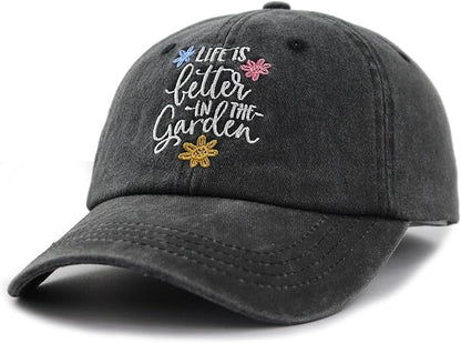 Life is Better in The Garden Hat for Women, Adjustable Embroidered Cotton Gardening Baseball Cap