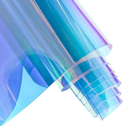 ONEART | 16 Gauge Holographic Iridescent Plastic Vinyl, 16"x54" Transparent Vinyl Fabric-Iridescent Blue
