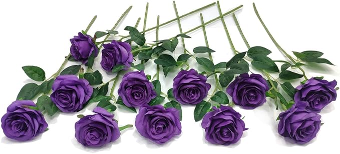Laelfe 12 pcs Artificial Roses Flowers Long Stem Fake Silk Rose for Home Wendding Decorations (Purple)