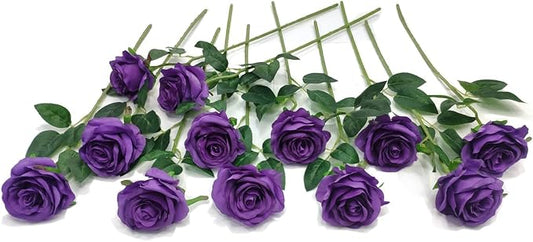 Laelfe 12 pcs Artificial Roses Flowers Long Stem Fake Silk Rose for Home Wendding Decorations (Purple)