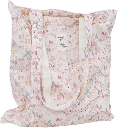 Cotton Canvas Tote Bag Reusable Soft Grocery Cloth Bag Floral Shoulder Bag for Beach Travel Shopping