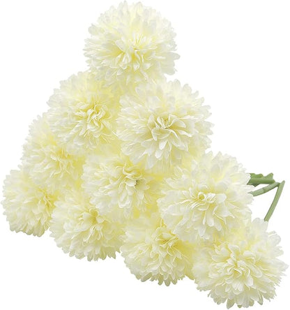 10Pcs Artificial Fake Flower Plants Silk Chrysanthemum Ball Hydrangea Arrangements Wedding Bouquets Decor Home Kitchen Garden Party Table Floral Centerpieces DIY(White)