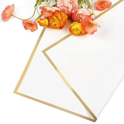 Jutieuo 20 Sheets White Flower Wrapping Paper, Waterproof Floral Wrap Gold Edge Bouquet Wrapping Paper Florist Supplies (22.8 x 22.8 inch)