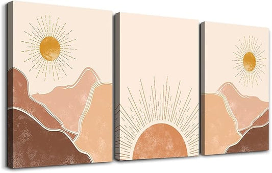 Boho 3 Piece Large Size Canvas Wall Art - Minimalist Abstract Mountain Sunshine Paintings For Living Room, Bedroom, Office & Children's Room Decor