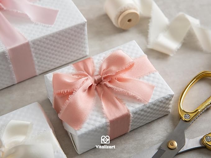 Vitalizart Silk Satin Ribbon 1 Inch x 15 Yard Wooden Spool Pink Handmade Frayed Ribbon for Gift Wrapping Baby Shower Wedding Bridal Bouquets Holiday Decor Hot Blush Pink