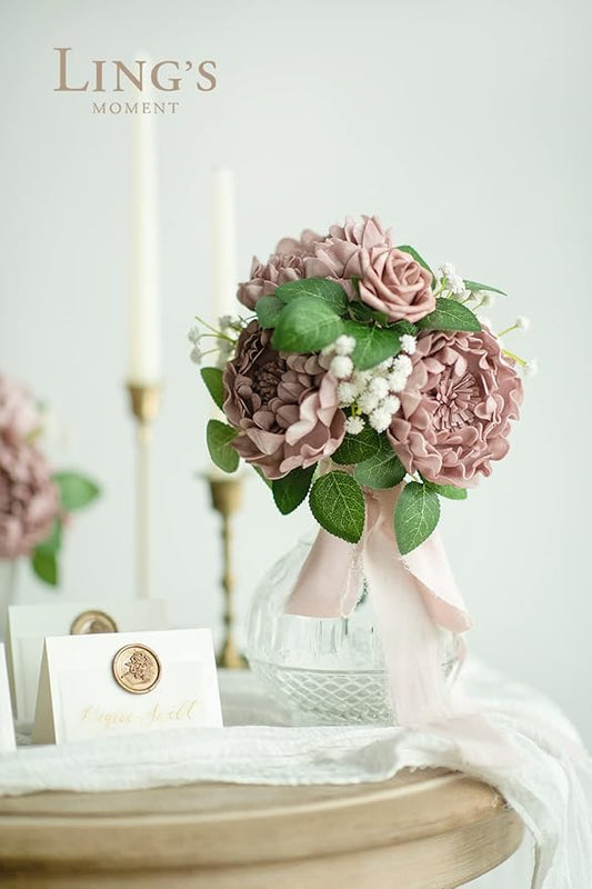 Ling's moment Flowers 16pcs Dusty Rose Blooming Peonies Artificial Flowers with Stem, Artificial Peony Flowers for DIY Wedding Decorations Centerpieces Bouquets Boutonnieres