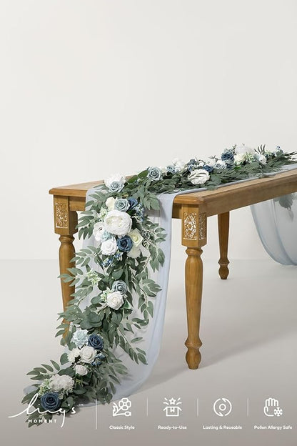Ling's moment Flower Garland - 6FT Eucalyptus & Rose - Sweetheart Table Decor for Wedding Reception, Artificial Arch Floral Garland for Mantle, Christmas, Beach Decoration, Dusty Blue & White