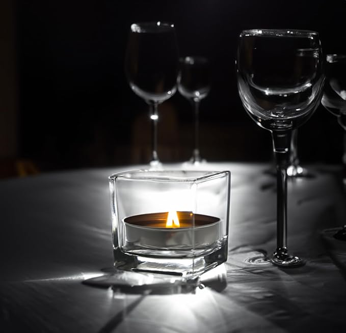 WGV 3 Inch Clear Square Cube Glass Votive Candle Holder Vase Bulk, Small Tiny Mercury Tea Light Terrarium Décor 3x3”, 24 Pieces