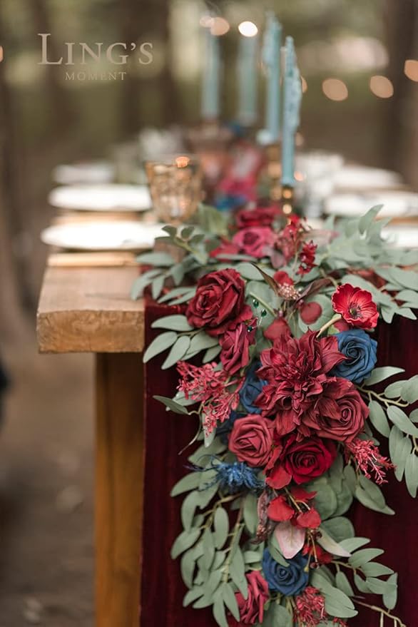 Ling's moment Flower Garland - 6FT Eucalyptus & Rose - Sweetheart Table Decor for Wedding Reception, Artificial Floral Garland for Mantle, Thanksgiving, Christmas Decoration, Burgundy & Navy