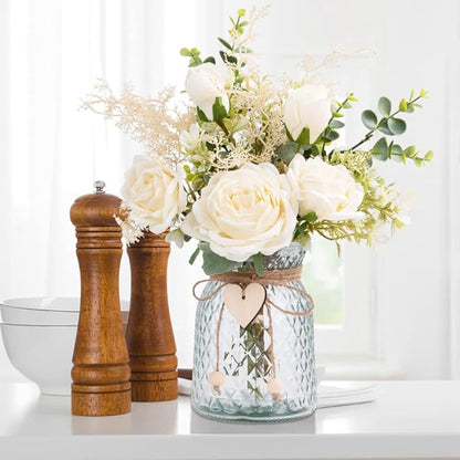 Silk Rose Flowers in Vase, Artificial Flowers Arrangement with Glass Vase Faux Rose for Decoration Table Centerpiece (White Rose)