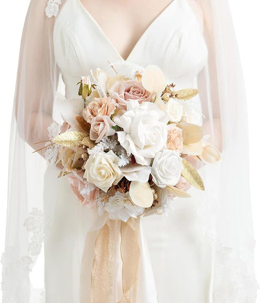 Ling's moment Boho Bridal Bouquet for Bride, Rustic Wedding Bouquets for Bride, 13 Inch Beige Nude Silk Round Artificial Wedding Flowers Bouquets
