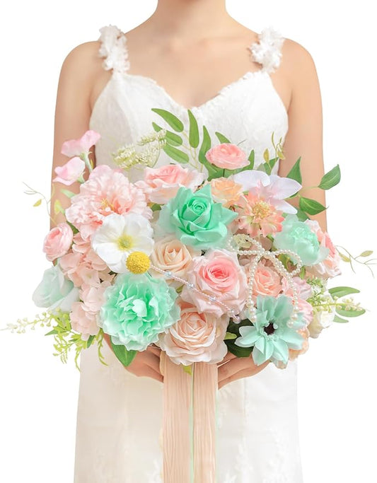 TINGE TIME 13 Inch Wedding Bouquets for Bride,Bridal Bouquet for Bride, Artificial Silk Flowers for Wedding Ceremony and Anniversary (Mint Green & Pink)