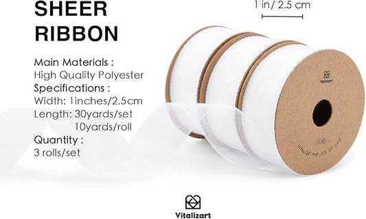 Vitalizart White Ribbon Organza Sheer Ribbon 1 inch x 30 Yd Handmade Fabric Ribbons for Gift Wrapping Christmas Tree Crafts Bows Wedding Invitations Wreaths Wrap Off White