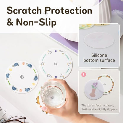 FLT Silicone Colorful Coaster Set of 3, Non-Slip Drink Mat, Cute and Unique Printed Design (Made in Korea) (White - Animal)