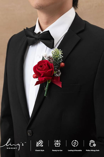 Ling's moment Boutonniere for Men, 6pcs Groom Groomsmen Boutonniere, Artificial Flowers for Wedding Decor/Prom/Homecoming, etc.Christmas Red Berry