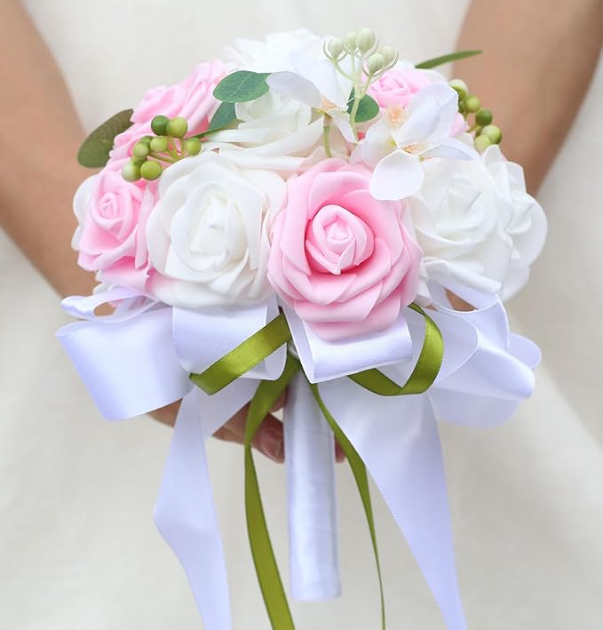 Lightweight Bridal Wedding Bouquet Round Holding Bouquet Throw Toss Artificial Rose Flower Bunch for Bride Bridesmaid Wedding Quinceanera (White & Pink, 7.9")