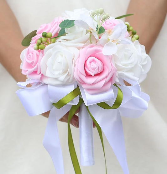 Lightweight Bridal Wedding Bouquet Round Holding Bouquet Throw Toss Artificial Rose Flower Bunch for Bride Bridesmaid Wedding Quinceanera (White & Pink, 6.7")