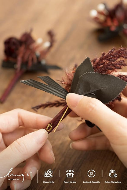 Ling's Moment Boutonniere for Men, 10pcs Groomsmen Guest Boutonniere, Artificial Flowers for Wedding Décor/Prom/Homecoming,etc.Black Gothic Burgundy
