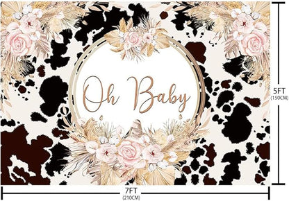 7x5ft Boho Holy Cow Baby Shower Backdrop Oh Baby Black and White Cow Print Bohemia Pink Floral Pampas Grass Photography Background Farm Theme Party Decoration Banner Supplies Photo Studio Props