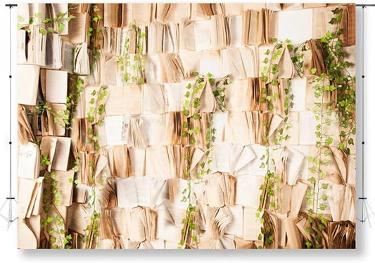 7x5FT Book Photography Backdrop Vintage Book Green Leaves Backdrop for Kids Adults Birthday Baby Shower Party Decorations Supplies KUBDJ942