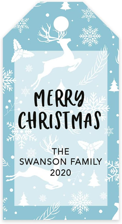 Andaz Press Personalized Christmas Holiday Season Classic Gift Tags, Merry Christmas Custom Family Name and Year, Reindeers and Snowflakes Design, for Holiday Events, Parties, and Favors, 60-Pack