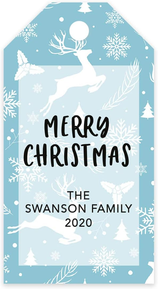 Andaz Press Personalized Christmas Holiday Season Classic Gift Tags, Merry Christmas Custom Family Name and Year, Reindeers and Snowflakes Design, for Holiday Events, Parties, and Favors, 60-Pack