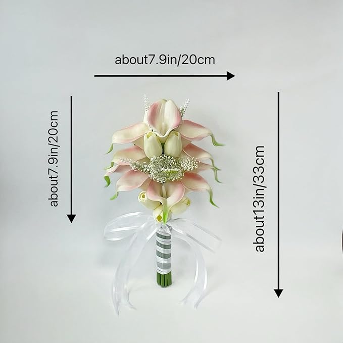 Floral Bouquet 12 Artificial Calla Lilies with 8 Artificial Tulip Flowers, Bridesmaid Bouquet with Wedding Ceremony Festivals Anniversary Bridal Rehearsal Party Bar Table Decor(Cream and Pink)