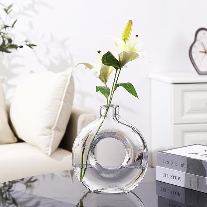 Glass Donut Vase, Clear Donut Vase, Round Glass Vases for Flowers, Modern Vases for Home, Living Room, Dining Table, Entryway, Mantle, Shelf, Wedding, Office, Coffee Table