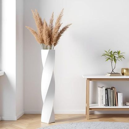 Tall Floor Vase - 23.6 Inch Modern Square Twist Vases for Home Decor, Large Decorative White Vase for Dried Flowers, Pampas Grass, Centerpiece - Matte Finish