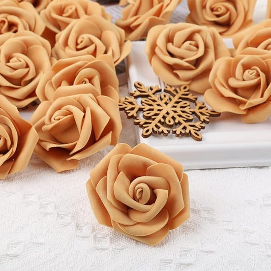IPOPU Artificial Rose Flower Heads, 100 Pcs Real Looking Gold Yellow Foam Fake Roses for DIY Wedding Baby Shower Centerpieces Arrangements Party Tables Home Decorations (Gold Yellow, Stemless)