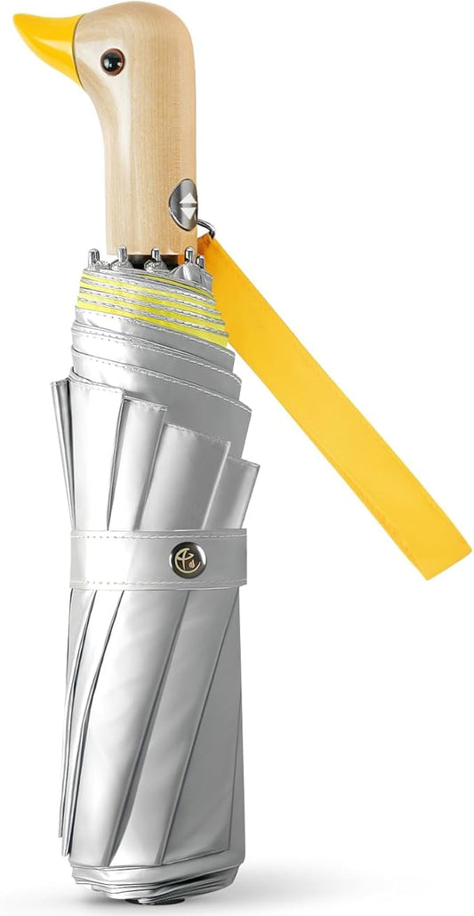 Cute Duck Umbrella Automatic - Compact Pretty Pocket Size Strong Duck Collapsible Umbrella Yellow Wooden Handle for Women