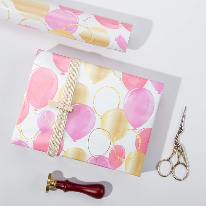 WRAPAHOLIC 30 Inch Wrapping Paper Roll - Pink Purple Gold Print Celebrating Balloon Design for Birthday, Holiday, Wedding, Baby Shower Wrap - 30 inch x 33 feet