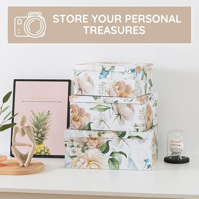Soul & Lane Decorative Cardboard Storage Boxes with Lids for Home Decor and Organization, Set of 3 Large Keepsake Boxes for Memories & Gifts, Nesting Floral Photo Storage Containers, Floral Revival