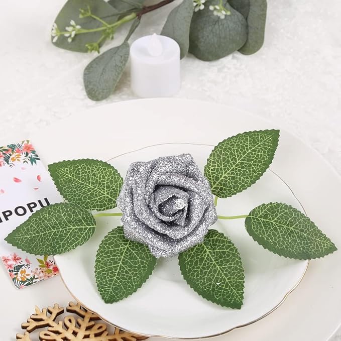 IPOPU Silver Roses,25PCS Glitter Roses Bouquet Fake Flowers with Crystal for Cake Wedding Bouquet Home Party Decoration(Silver)