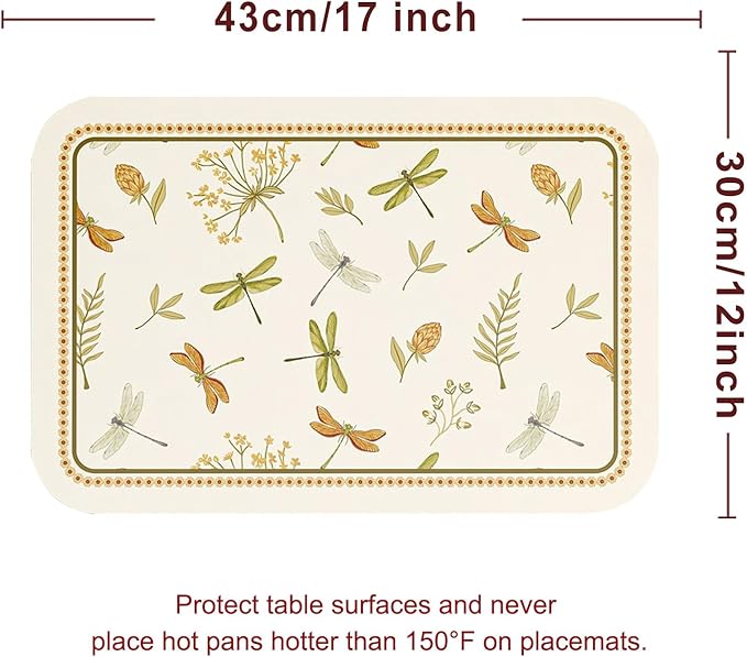 ISAENNE Dragonfly Print PVC Placemats Set of 6,Rectangular Green Placemat, Waterproof and Heat-Resistant Floral Pattern,Decoration for Kitchen,Dinning,Parties, Holiday,12"*17"
