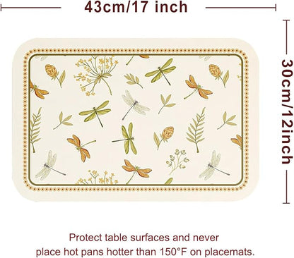 ISAENNE Dragonfly Print PVC Placemats Set of 6,Rectangular Green Placemat, Waterproof and Heat-Resistant Floral Pattern,Decoration for Kitchen,Dinning,Parties, Holiday,12"*17"