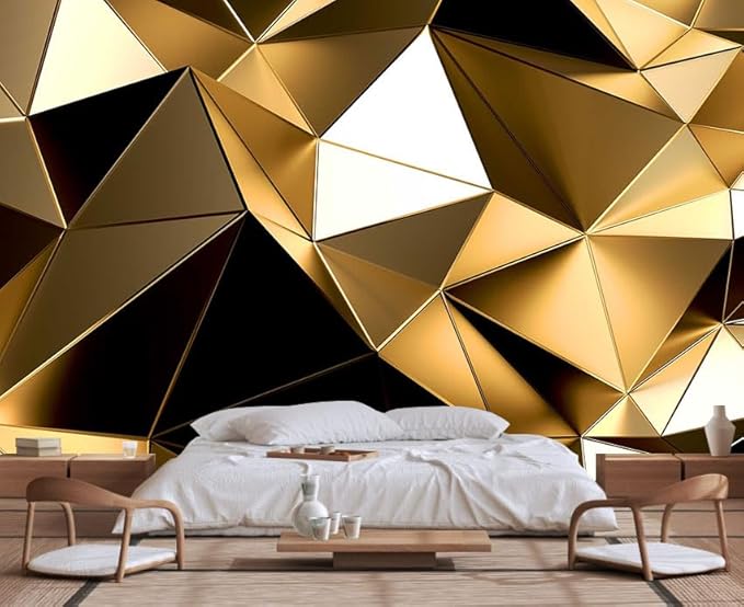 Golden 3D Geometric Lines Wallpaper for Large Background Wall murals, for Sofa Background Wall, TV Background Wall(Non-self-Adhesive)