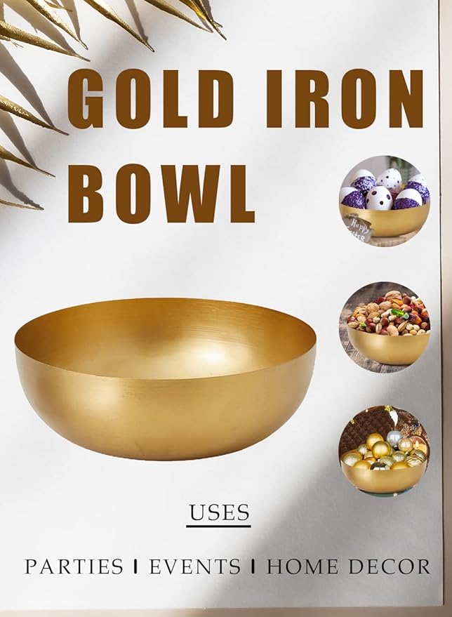 Serene Spaces Living Vintage Gold Decorative Iron Bowl, Table Centerpiece, Fruit Bowl, Floating Candle-Holder, Flower Bowl Vase, Potpourri, Catchall, Dining Table, 12" Diameter & 4" Tall, Single