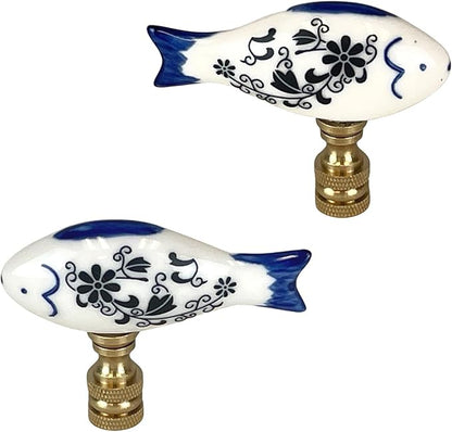 Royal Designs, Inc. Porcelain Fish Finial for Lamp Shade, Polished Brass, Blue & White, Pack of 2