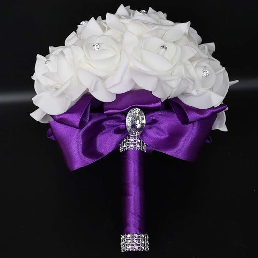 Wedding Bouquet, Purple Bouquet for Bride Bridesmaid with Diamond Soft Ribbons, Artificial Rose Bridal Holding Flowers for Party Church
