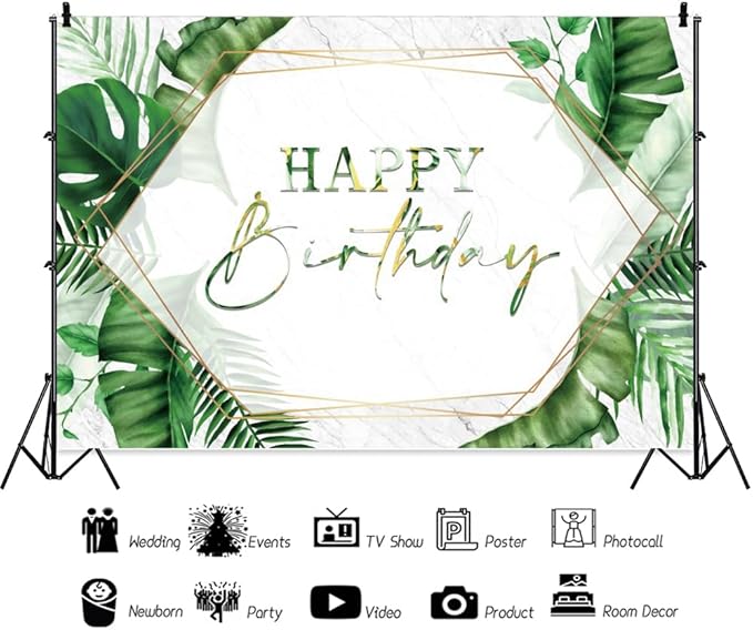 ChloropLastid 12x10ft Tropical Happy Birthday Backdrop Summer Green Palm Leaf Photography Background Hawaiian Birthday Party Banner Decorations for Men Women Portrait Photoshoot Props Supplies