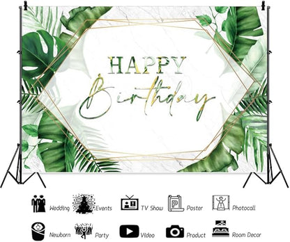 ChloropLastid 5x3ft Tropical Happy Birthday Backdrop Summer Green Palm Leaf Photography Background Hawaiian Birthday Party Banner Decorations for Men Women Portrait Photoshoot Props Supplies