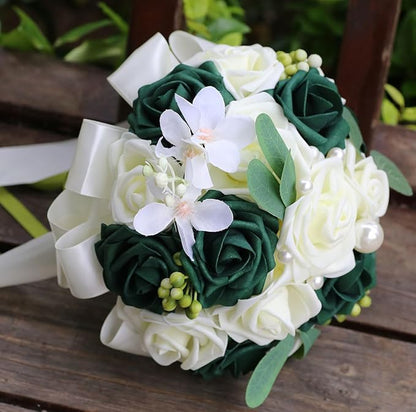 Lightweight Bridal Wedding Bouquet Round Holding Bouquet Throw Toss Artificial Rose Flower Bunch for Bride Bridesmaid Wedding Quinceanera (Cream & Dark Green, 7.9")